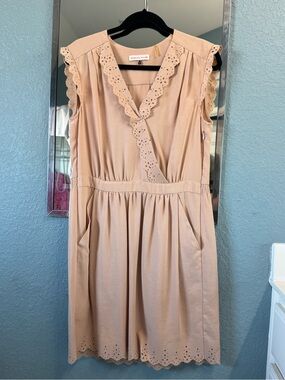 Rebecca Taylor Scallop Pockete Blush Eyelet-Trim Sleeveless Faux Wrap Dress